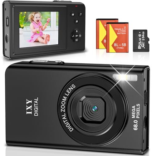 Digitalkamera, 68MP 4K Fotokamera mit Autofokus 16X Digitalzoom Fotoapparat, 2.4 LCD Bildschirm Kompaktkamera Tragbare Digital Kamera mit 64GB SD-Karte für Teenager Erwachsene Anfänger (Schwarz)