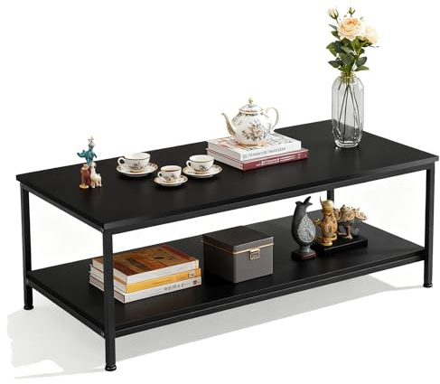 ZenStyle 2-Tier Industrial Coffee Table with Storage Shelf for Living Room, Wood Look Accent Furniture with Vintage Wooden Board Stable Metal Frame Cocktail Table Tea Table
