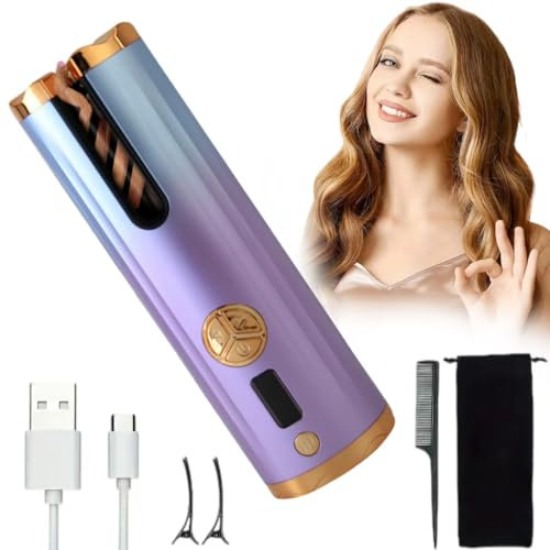 EMEBAY Ferro arricciacapelli Automatico Aggiornamento a Livello, ricciolo per Capelli Senza Fili Ricaricabile, Bigodino Anti-Ustioni con Timer e 6 Temperature, Ferro arricciacapelli Auto Rotante