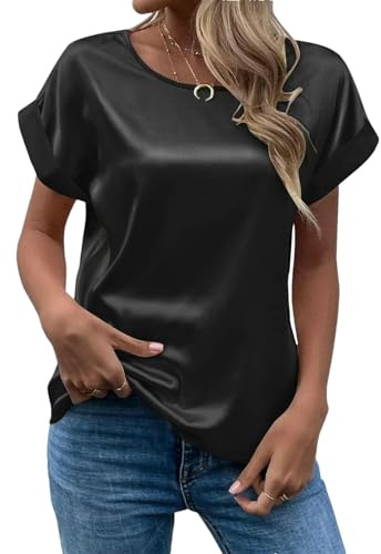 Blusa de seda satinada para mujer, manga corta, ajuste holgado, brillante, elegante camiseta casual de verano