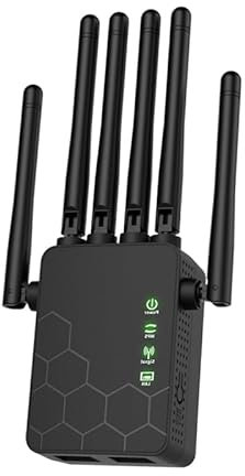Repetidor WiFi,Amplificador señal WiFi con 6 Antenas,2 Puertos LAN,Cobertura de hasta 11800Sq. Repetidor WiFi Largo Alcance,Cuadrados oficinas y hogares(Negro)