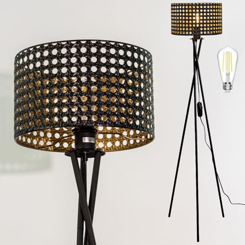 Osasy Modern LED Tripod Floor Lamp, Decorative Woven Shade, Tripod Lamps Living Room Corner Light, Black Metal Standing Lamps for Living Room