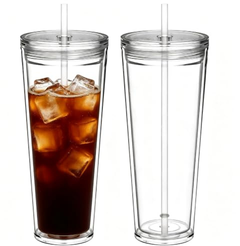 Yisituo 2 Pack 710ml Iced Coffee Cup, Plastic Tumbler with Straw and Lid, Reusable Double Wall Water and Cold Cups (2, Clear)