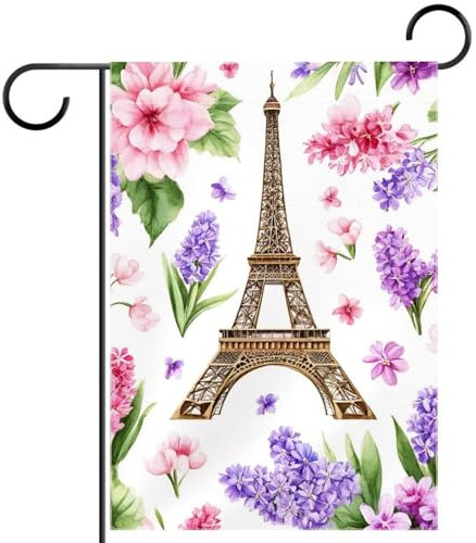 Drapeau de jardin en polyester 30 x 45 cm, drapeau de bienvenue pour l'été, la ferme, les vacances, les décorations extérieures, tour Eiffel, lavande, lilas