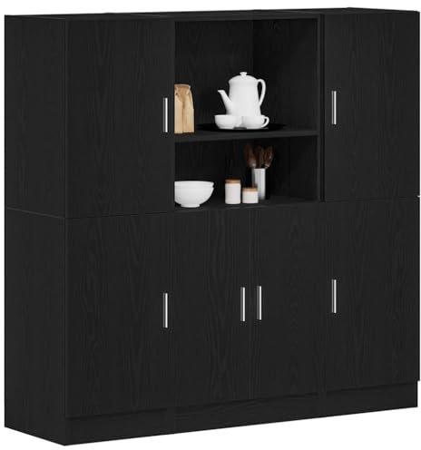 Gecheer 3-TLG. Küchenschrank-Set, Küchenschrank, Vorratsschrank, Geschirrschrank, Schrank, Küchenzeile, Beistellschrank, Schwarz Holzwerkstoff