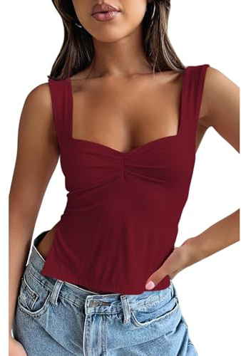 OYIGELZ Débardeur Femme Été Haut à Bretelles Camisole Sans Manches Hauts Y2K Coupe Ajustée Crop Tops Fente Latérale Dos Nu Sexy Plissé Élégant Basique Cami Débardeur T-shirt Streetwear, rouge bordeaux