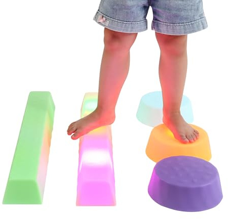 Special Supplies LED Stepping Stones for Kids -Light-Up Balance Blocks- Coordination & Balance for Toddlers & Children- Durable Non-Slip Rubber, Safe Indoor & Outdoor Play (2 Beams + 3 Circles)