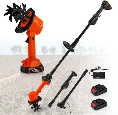 Moongiantgo 2-in-1 Cordless Tiller & Cultivator, Handheld/Pole-Mounted Design with 4 Hardened Steel Blades, 21V Dual Battery for Soil Loosening, Weeding & Trenching, 10cm Depth/Width
