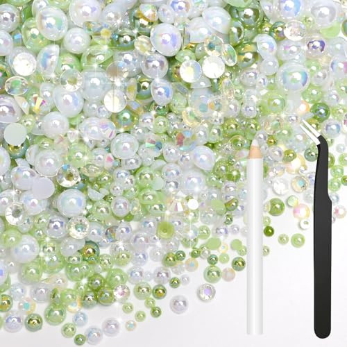 Bouiexye Mezcla de 80 g de medias perlas y piedras brillantes para manualidades, color verde y blanco, strass para ropa, manualidades, cara, arte de uñas, botellas, vasos, zapatos, regalos, DIY