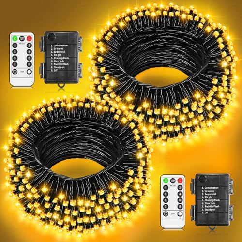 JXLEDAYY 2 Stück Lichterkette Außen Batterie, 120 LED Lichterkette Outdoor Warmweiß mit Timer Fernbedienung 8 Modi Schwarzes Kabel P44 Wasserdichte für Aussen Innen Zimmer Balkon Garten Camping