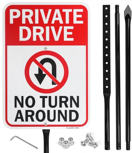 Large Private Drive No Turn Around Sign, 17x 12 .040 Aluminum Sign with 54 Heavy Duty Metal Thick Stake - Reflective, UV Protected and Weatherproof