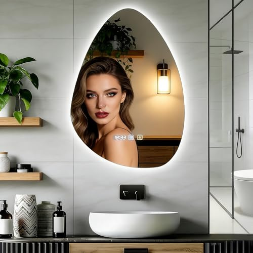 Viugreum Spiegel mit Beleuchtung Asymmetrischer LED Badspiegel 50 x 70 cm mit Touch-Schalter, Badezimmerspiegel Led Badspiegel, 3 Lichtfarbe Einstellbare Spiegel Bad mit Beleuchtung, Beschlagfrei