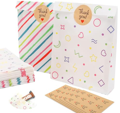 40 stycken presentpåsar barns födelsedag med 60 tack klistermärken, papperspåsar barns födelsedag 19 x 13 x 3,5 cm, färgglada presentpåsar för evenemang, spel, fester