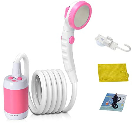 Fesjoy Bomba de Ducha Eléctrica Portátil para Caminatas para Acampar, IPX7 y Batería Recargable Alimentada (Rosa)