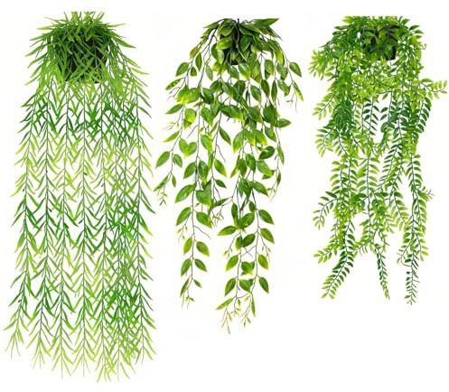 DONQL 3 plantas colgantes artificiales con maceta, 60/60/80 cm, plantas artificiales colgantes, plantas artificiales colgantes como reales, sin mantenimiento, hiedra artificial para decoración de