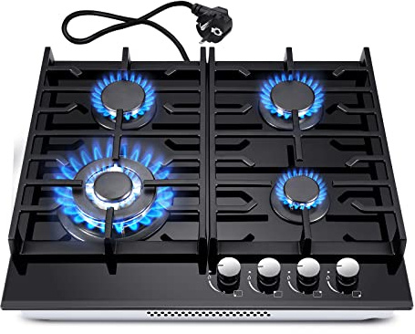 TopStrong Gaskochfeld 4 Flammig, 60cm Schwarzes Gehärtetes Glas-Gaskochfeld, Eingebautes Gaskochfeld mit Gusseisernen Stützen, NG/LPG Konvertierbar, Gaskochfeld mit Flammenschutz