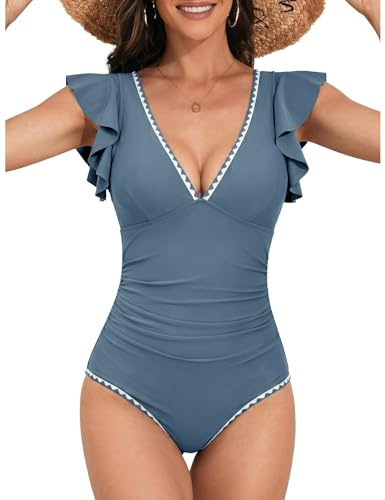 Nadeer Baddräkt för kvinnor, 1 st, magkontroll, platt hals, volanger, rygglös, sexig, push up, färgblock, monokini, baddräkt, strandpool, Ljusblå, M