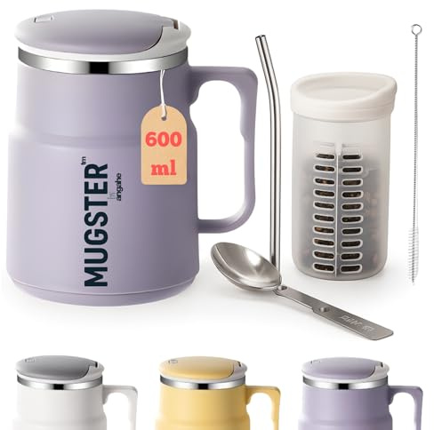 ANGAHE creating moments | Taza Termo para Café o Té Portátil 600ml, Sin BPA, Aluminio 304, Taza Reutilizable Viaje u Oficina | Mantiene Frío y Calor | Con Cuchara Plegable, Pajita aluminio. (MALVA)