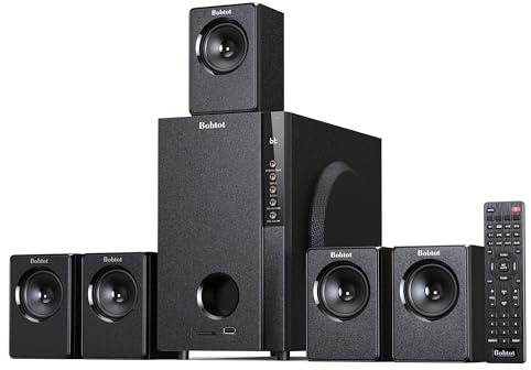 Bobtot Home Theater Systems, 5.25 inch Subwoofer 600 Watts Peak Power | 5.1 Wired Stereo Sound Speakers Surround Sound System Deep Bass Audio Stereo with Bluetooth AUX FM Radio DVD USB SD Input