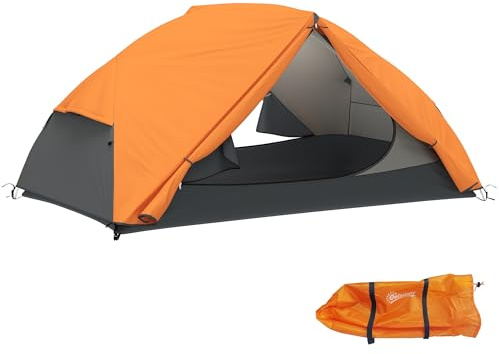 Outsunny Tenda da Campeggio 2 Posti con 2 Vestiboli Impermeabile, Tenda a Cupola con 2 Porte e 2 Finestre a Rete, Tasche Interne, Borsa per Trasporto, 280x225x110 cm, Arancione