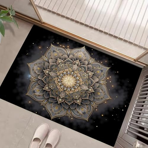Alfombra Antideslizante Estilo de meditación geométrica – Alfombras Mandala Radiante Lavable de Pelo Corto, Suave y Duradera – Ideal como Caminero Decorativo y Alfombra Moderna para el Hogar Gris