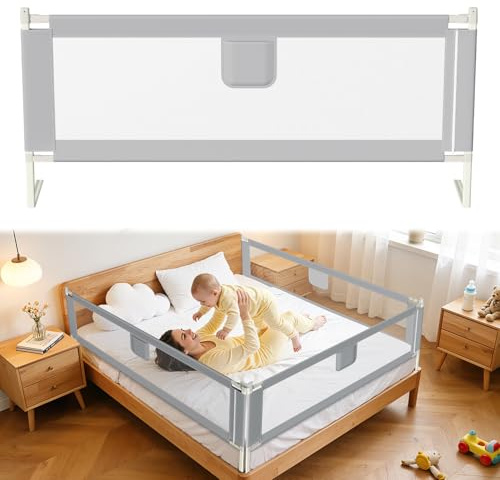 Tubiaz 180 cm, griglia di protezione per letto con doppia sicurezza per bambini, altezza regolabile 64 – 96 cm, griglia per lettino con rete traspirante, facile da montare, grigio