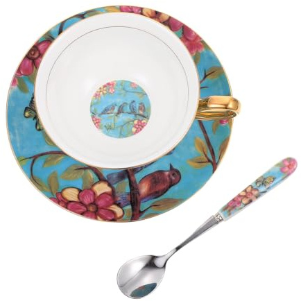 ERINGOGO Set da Tazze da Caffè in Porcellana Bone China con Piattino e Cucchiaino, Tazza da Tè Vintage Capiente, per Bevande Calde e Uso Domestico Colore Casuale