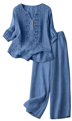 Linen Co Ord Sets for Women Trouses Sets 3/4 Sleeves Embroidered Shirt Ladies Summer 2 Piece Outfits Loungewear Elastic Waist Wide Leg Palazzo Pants Casual Tracksuit with Pockets