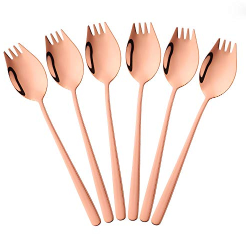 BISDARUN Noodle Sporks 2 in 1 Fork and Spoon Combination Rose Gold 6pcs Stainless Steel Long Handle 8.39 inches Pasta Fruit Forks Soup Spoons for Travel Camping Work Lunch Meals