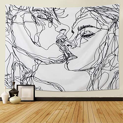 LOMOHOO Abstrakte Skizze Kunst Wandbehang Schwarz und Weiß Kissing Lovers Wandteppich für Schlafzimmer Wohnzimmer Dorm Decor Wandkunst 130x150cm