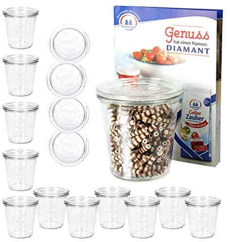 MamboCat 12er Set Weckgläser mit Deckel Sturzglas 290 ml I Original Weck Sturzglas Dessertglas I Einweckgläser mit Deckel für Kuchen Gelees UVM I inkl. Diamant-Zucker Gelierzauber Rezeptheft