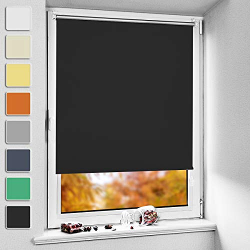 NoCon Verdunklungsrollo Klemmfix ohne Bohren & mit Bohren ● Schwarz 65x130cm (BxH) ● Thermorollo Klemmrollo Fensterrollo Sonnenschutz Sichtschutz, Rollos für Fenster und Tür
