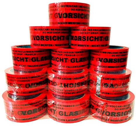 Klebeband VORSICHT GLAS 66m in rot - 12 Rollen - Paketband extra stark - zerbrechlich mehrsprachig - Warnband, Packband