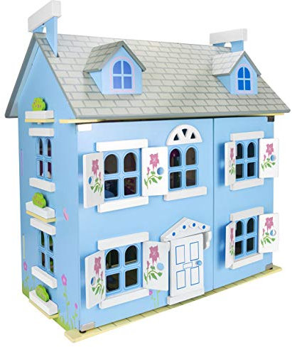 Leomark Casa de Muñecas de Madera con Muebles y Muñecas Dos Plantas con Terraza Habitaciones Ventanas Abatibles Juego Creativo Infantil Regalo Educativo 55 x 35 x 60 cm Duradera Colorida 30 Accesorios