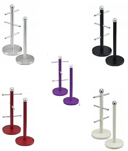 Optimal Products Stainless Steel 6 Cup Mug Tree Stand and Kitchen Towel Paper Roll Pole Holder Free Standing Bath Rack (Metallic Red, Mug Tree)