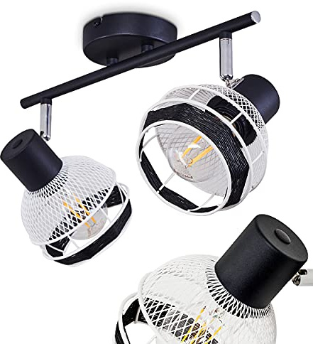 Deckenleuchte Revsbotn, 2-flammige Deckenlampe aus Metall/Hanfseil in Schwarz/Weiß/Chrom, moderne Leuchte m. verstellbaren Gitterschirmen, 2 x E27-Fassung, mit Lichteffekt, ohne Leuchtmittel