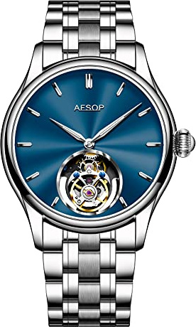 AESOP Tourbillon Watches Men Mechanical Hand Wind Wristwatches Luxury Skeleton Stainless Steel Sapphire Crystal Waterproof Dress Business Watch for Mens Gift 7040(Blue/Stainless Strap)