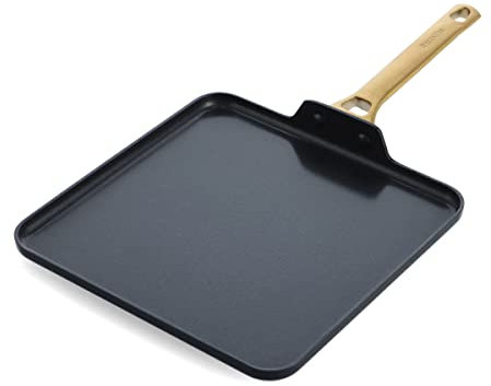GreenPan Reserve – Poêle à griller carrée en céramique anodisée dure antiadhésive, 27,9 cm, poignée dorée, sans PFAS, passe au lave-vaisselle, passe au four, noir
