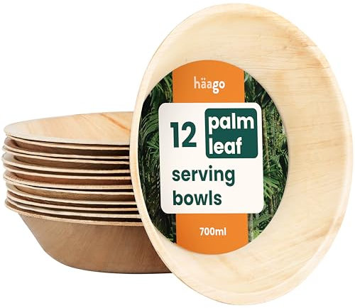 HAAGO 12 Ciotole Grandi in Foglie di Palma (700 ml, Rotonde) Compostabili e Usa e Getta - Stoviglie Ecologiche per Picnic e Outdoor - Sicure in Freezer e Microonde