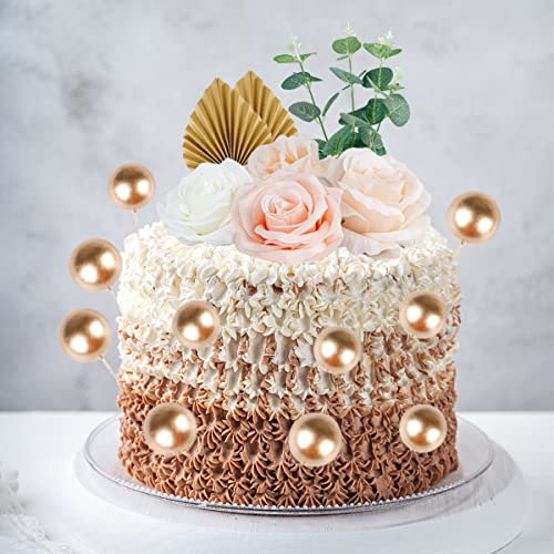 22pcs Boho Cake Toppers Flower Cake Decorations, Gold Balls Cake Topper Paper Palm Fan Cake Toppers Artificial Rose Flowers Leaves Cake Decoration for DIY Cake Engagement Anniversary Birthday Party