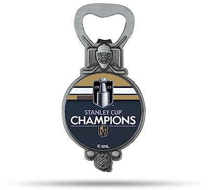 Rico Industries NHL Hockey Vegas Golden Knights 2023 Stanley Cup Champions Magnetic Bottle Opener, Stainless Steel, Strong Magnet to Display on Fridge