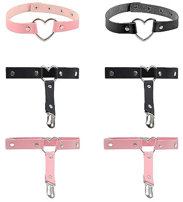 Lot de 4 jarretières de cuisse en cuir punk avec 2 colliers punk, chaînes de jambe réglables, jarretières punk en cœur, colliers gothiques en cuir pour femmes, filles (noir, rose)