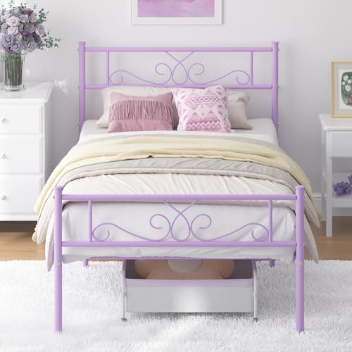 Weehom Twin Size Bed Frame with Headboard and Footboard Steel Slats Support Twin Metal Bed No Box Spring Needed Easy to Assembly, Purple