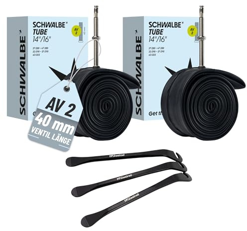 2er Set Schwalbe Fahrradschlauch AV2 14 16 Zoll (32/47-288/305) Ventil 40mm inklusive 3 Metall Reifenheber | Passend für ETRTO 32/47-288/305 - inkl. 3 robuste Metall Reifenheber zur Montage - ideal für Kinderwagen & Kinderfahrrad