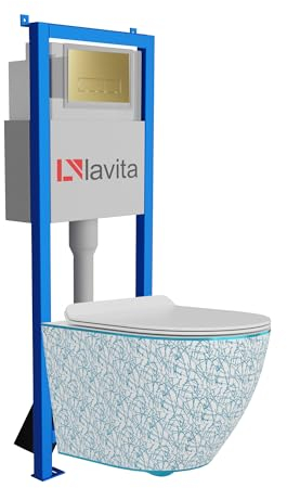 lavita Lavita LAV 101 elemento de pared para inodoro 40 cm + inodoro lavabo suspendido SOFI SLIM KRESZ blanco/azul sin borde + panel de control LAV 200.3.5 dorado | Conjunto completo | Cisterna empot