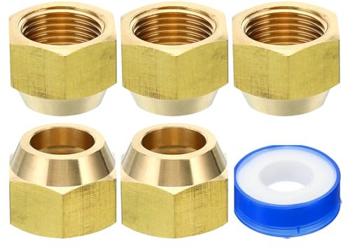 PATIKIL Dado a Compressione Ottone 5/8 SAE, 5pz Raccordo a Tubo Flangiato Rame a 45 Gradi Raccordo a Tubo in Ottone con Tappo Nastro per Condizionatori d'Aria Linee Acqua Gas, Lucido