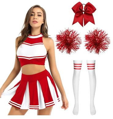 Hedmy Femme Uniforme Pom Pom Girl Robe De Cheerleading Costume Pom-pom Girl Crop Top Débardeur Jupe Pompon Tenue Halloween Carnaval Rouge A S