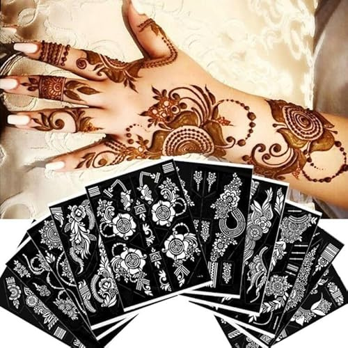 XMASIR 10 Sheets Tattoo Stencils 20 Pcs Arm Hand Tattoo Template Temporary Indian Arabian Glitter Airbrush Tattoos Stickers for Face Body Paint DIY