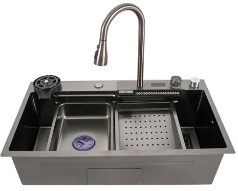 WooDerson Edelstahl Küchenspüle Schwarz Mit Abflussloch, 80X46X20cm Spültisch Edelstahl 1 Becken, Mit Digitaler Ausziehbarer Wasserhahn, Kaltwasserrohrs Und Heißwasserleitung