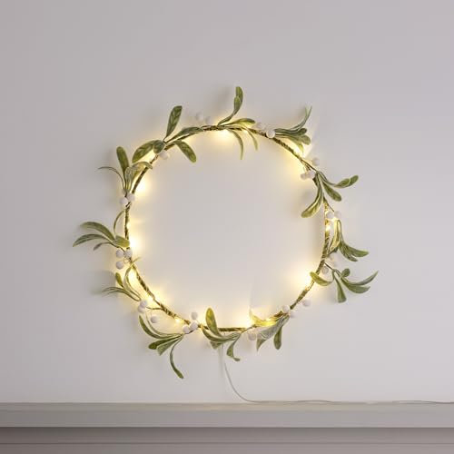 Lights4fun Corona di Natale Pre-Illuminata da 25 cm con Vischio Artificiale con 50 LED Bianco Caldo a Pile con Timer Decorazione Natalizia per Interni